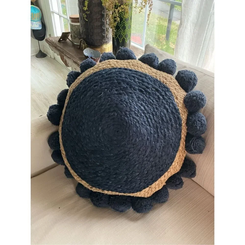 Pair of 24” Round Navy and Natural Jute Pom-Pom Throw Pillows Boho